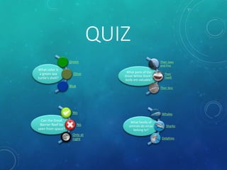QUIZ
What color is
a green sea
turtle’s shell?
Green
Olive
Blue
What parts of the
Great White Shark’s
body are valuable?
Their Jaws
and Fins
Their
Teeth
Their Skin
Can the Great
Barrier Reef be
seen from space?
Yes
No
Only at
night
What family of
animals do orcas
belong to?
Whales
Sharks
Dolphins
 