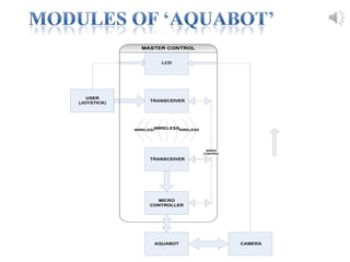 LCD
TRANSCEIVER
TRANSCEIVER
MICRO
CONTROLLER
AQUABOT
USER
(JOYSTICK)
WIRELESSWIRELESSWIRELESS
MASTER CONTROL
CAMERA
WIRED
CONTROL
 