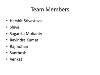 Team Members
• Harshit Srivastava
• Shiva
• Sagarika Mohanty
• Ravindra Kumar
• Rajmohan
• Santhosh
• Venkat
 
