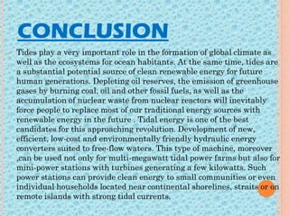 CONCLUSION
 Tides play a very important role in the formation of global climate as
well as the ecosystems for ocean habitants. At the same time, tides are
a substantial potential source of clean renewable energy for future
human generations. Depleting oil reserves, the emission of greenhouse
gases by burning coal, oil and other fossil fuels, as well as the
accumulation of nuclear waste from nuclear reactors will inevitably
force people to replace most of our traditional energy sources with
renewable energy in the future . Tidal energy is one of the best
candidates for this approaching revolution. Development of new,
efficient, low-cost and environmentally friendly hydraulic energy
converters suited to free-flow waters. This type of machine, moreover
,can be used not only for multi-megawatt tidal power farms but also for
mini-power stations with turbines generating a few kilowatts. Such
power stations can provide clean energy to small communities or even
individual households located near continental shorelines, straits or on
remote islands with strong tidal currents.
 