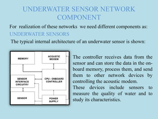 UNDERWATER SENSOR NETWORK
COMPONENT
For realization of these networks we need different components as:
UNDERWATER SENSORS
The typical internal architecture of an underwater sensor is shown:
The controller receives data from the
sensor and can store the data in the on-
board memory, process them, and send
them to other network devices by
controlling the acoustic modem.
These devices include sensors to
measure the quality of water and to
study its characteristics.
 