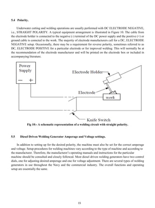 5.4 Polarity.

      Underwater cutting and welding operations are usually performed with DC ELECTRODE NEGATIVE,
i.e., STRAIGHT POLARITY. A typical equipment arrangement is illustrated in Figure 10. The cable from
the electrode holder is connected to the negative (-) terminal of the DC power supply and the positive (+) or
ground cable is conncted to the work. The majority of electrode manufacturers call for a DC, ELECTRODE
NEGATIVE setup. Occasionally, there may be a requirement for reverse polarity, sometimes referred to as
DC, ELECTRODE POSITIVE for a particular electrode or for improved welding. This will normally be at
the recommendation of the electrode manufacturer and will be printed on the electrode box or included in
accompanying literature.




             Fig 10:- A schematic representation of a welding circuit with straight polarity.


5.5    Diesel Driven Welding Generator Amperage and Voltage settings.

     In addition to setting up for the desired polarity, the machine must also be set for the correct amperage
and voltage. Setup procedures for welding machines vary according to the type of machine and according to
the manufacturer. Therefore, the manufacturer’s operating manuals and instructions for the particular
machine should be consulted and closely followed. Most diesel driven welding generators have two control
dials, one for adjusting desired amperage and one for voltage adjustment. There are several types of welding
generators in use throughout the Navy and the commercial industry. The overall functions and operating
setup are essentially the same.




                                                       15
 