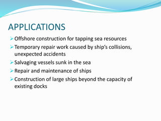 APPLICATIONS
Offshore construction for tapping sea resources
Temporary repair work caused by ship’s collisions,
unexpected accidents
Salvaging vessels sunk in the sea
Repair and maintenance of ships
Construction of large ships beyond the capacity of
existing docks
 