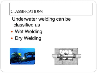 CLASSIFICATIONS
Underwater welding can be
classified as
 Wet Welding
 Dry Welding
 