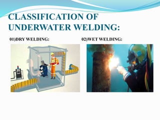 CLASSIFICATION OF
UNDERWATER WELDING:
01)DRY WELDING: 02)WET WELDING:
 