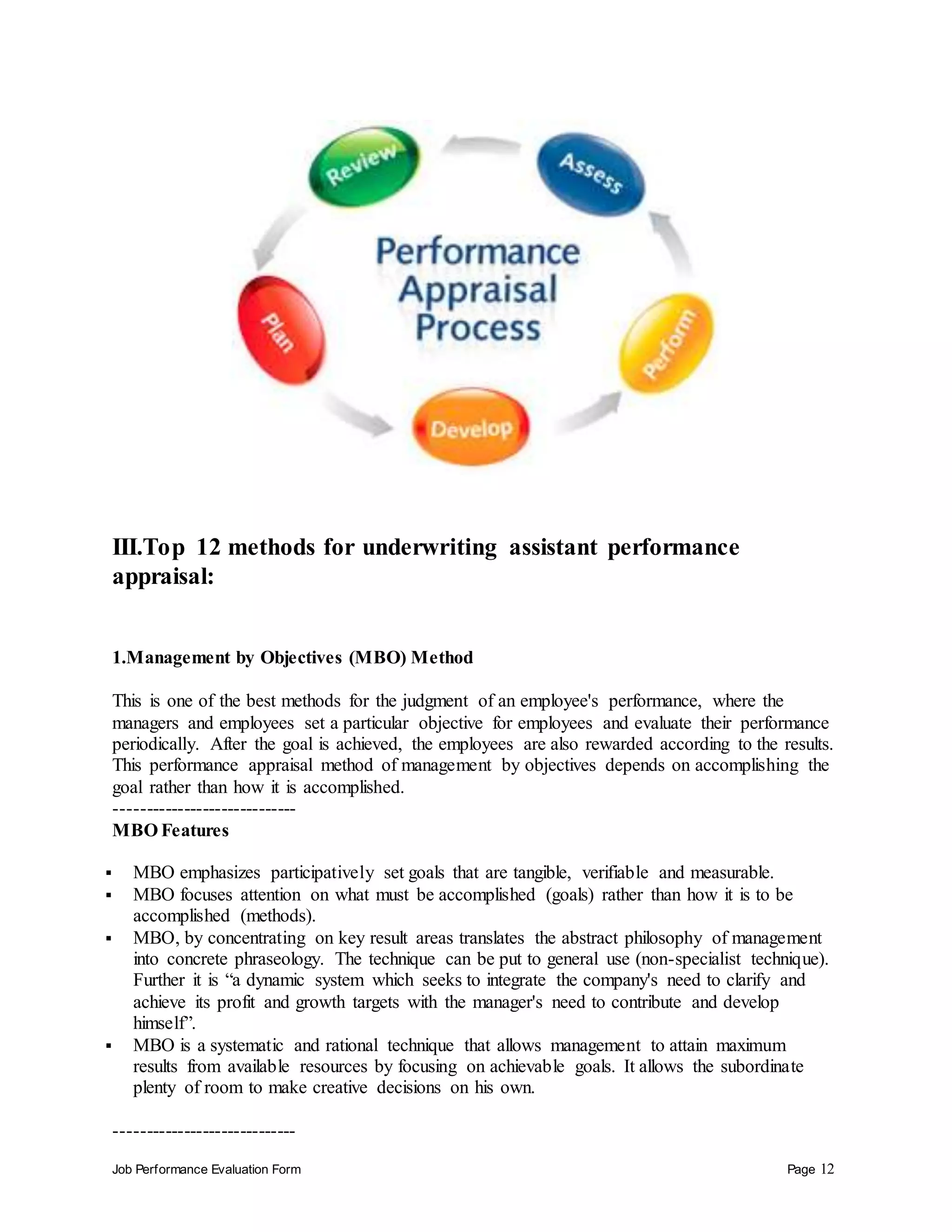 Job Performance Evaluation Form Page 12
III.Top 12 methods for underwriting assistant performance
appraisal:
1.Management by Objectives (MBO) Method
This is one of the best methods for the judgment of an employee's performance, where the
managers and employees set a particular objective for employees and evaluate their performance
periodically. After the goal is achieved, the employees are also rewarded according to the results.
This performance appraisal method of management by objectives depends on accomplishing the
goal rather than how it is accomplished.
-----------------------------
MBO Features
 MBO emphasizes participatively set goals that are tangible, verifiable and measurable.
 MBO focuses attention on what must be accomplished (goals) rather than how it is to be
accomplished (methods).
 MBO, by concentrating on key result areas translates the abstract philosophy of management
into concrete phraseology. The technique can be put to general use (non-specialist technique).
Further it is “a dynamic system which seeks to integrate the company's need to clarify and
achieve its profit and growth targets with the manager's need to contribute and develop
himself”.
 MBO is a systematic and rational technique that allows management to attain maximum
results from available resources by focusing on achievable goals. It allows the subordinate
plenty of room to make creative decisions on his own.
-----------------------------
 
