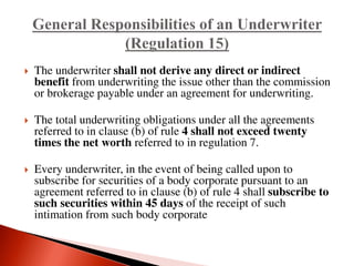  The underwriter shall not derive any direct or indirect
benefit from underwriting the issue other than the commission
or brokerage payable under an agreement for underwriting.
 The total underwriting obligations under all the agreements
referred to in clause (b) of rule 4 shall not exceed twenty
times the net worth referred to in regulation 7.
 Every underwriter, in the event of being called upon to
subscribe for securities of a body corporate pursuant to an
agreement referred to in clause (b) of rule 4 shall subscribe to
such securities within 45 days of the receipt of such
intimation from such body corporate
 