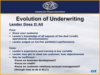 Evolution of Underwriting Lender Does It All Pros: Know your customer Lender’s knowledge of all aspects of the deal (credit, operational, documentation) Lender judged on his/her portfolio’s performance Cons: Lender’s experience and training is key variable Lender may get to close too customer; lose objectiveness May be inefficient -  Focus on business development? Focus on credit? Focus on customer relations/account management? (Enough time to do it ALL?) 