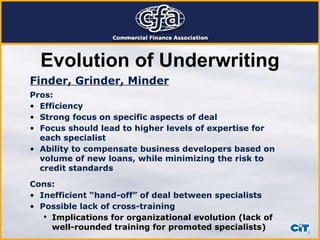 Evolution of Underwriting Finder, Grinder, Minder Pros: Efficiency Strong focus on specific aspects of deal Focus should lead to higher levels of expertise for each specialist Ability to compensate business developers based on volume of new loans, while minimizing the risk to credit standards Cons: Inefficient “hand-off” of deal between specialists Possible lack of cross-training Implications for organizational evolution (lack of well-rounded training for promoted specialists) 