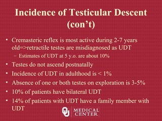 Incidence of Testicular Descent
(con’t)
• Cremasteric reflex is most active during 2-7 years
old=>retractile testes are misdiagnosed as UDT
– Estimates of UDT at 5 y.o. are about 10%
• Testes do not ascend postnatally
• Incidence of UDT in adulthood is < 1%
• Absence of one or both testes on exploration is 3-5%
• 10% of patients have bilateral UDT
• 14% of patients with UDT have a family member with
UDT
 