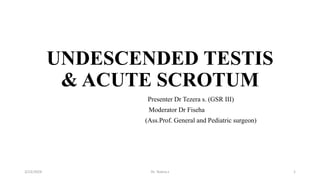 UNDESCENDED TESTIS
& ACUTE SCROTUM
Presenter Dr Tezera s. (GSR III)
Moderator Dr Fiseha
(Ass.Prof. General and Pediatric surgeon)
3/23/2024 Dr. Tezera.s 1
 