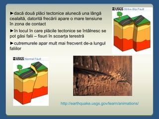 ►dacă două plăci tectonice alunecă una lângă
cealaltă, datorită frecării apare o mare tensiune
în zona de contact
►în locul în care plăcile tectonice se întâlnesc se
pot găsi falii – fisuri în scoarţa terestră
►cutremurele apar mult mai frecvent de-a lungul
faliilor
http://earthquake.usgs.gov/learn/animations/
 
