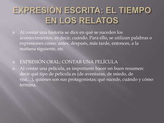    Al contar una historia se dice en qué se suceden los
    acontecimientos, es decir, cuándo. Para ello, se utilizan palabras o
    expresiones como: antes, después, más tarde, entonces, a la
    mañana siguiente, etc.

   EXPRESIÓN ORAL: CONTAR UNA PELÍCULA
   Al contar una película, es importante hacer un buen resumen:
    decir qué tipo de película es (de aventuras, de miedo, de
    risa…), quiénes son sus protagonistas; qué sucede, cuándo y cómo
    termina.
 