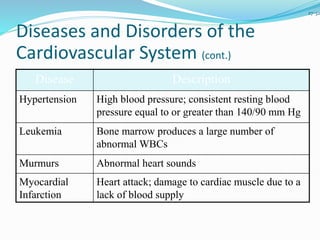 27-32
Disease Description
Hypertension High blood pressure; consistent resting blood
pressure equal to or greater than 140/90 mm Hg
Leukemia Bone marrow produces a large number of
abnormal WBCs
Murmurs Abnormal heart sounds
Myocardial
Infarction
Heart attack; damage to cardiac muscle due to a
lack of blood supply
Diseases and Disorders of the
Cardiovascular System (cont.)
 