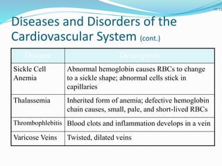 27-33
Disease Description
Sickle Cell
Anemia
Abnormal hemoglobin causes RBCs to change
to a sickle shape; abnormal cells stick in
capillaries
Thalassemia Inherited form of anemia; defective hemoglobin
chain causes, small, pale, and short-lived RBCs
Thrombophlebitis Blood clots and inflammation develops in a vein
Varicose Veins Twisted, dilated veins
Diseases and Disorders of the
Cardiovascular System (cont.)
 