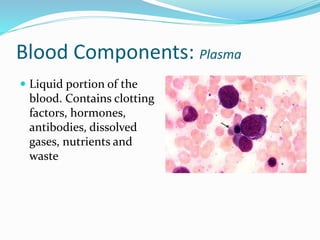Blood Components: Plasma
 Liquid portion of the
blood. Contains clotting
factors, hormones,
antibodies, dissolved
gases, nutrients and
waste
 