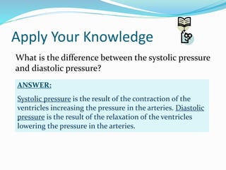 Apply Your Knowledge
What is the difference between the systolic pressure
and diastolic pressure?
ANSWER:
Systolic pressure is the result of the contraction of the
ventricles increasing the pressure in the arteries. Diastolic
pressure is the result of the relaxation of the ventricles
lowering the pressure in the arteries.
 
