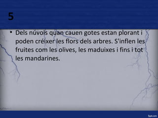 5 
● Dels núvols quan cauen gotes estan plorant i 
poden créixer les flors dels arbres. S'inflen les 
fruites com les olives, les maduixes i fins i tot 
les mandarines. 
 