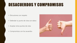 DESACUERDOS Y COMPROMISOS
• Discusiones con respeto
• Defender tu punto de vista con datos
• Aceptar otros puntos de vista
• Compromisos con los acuerdos
 