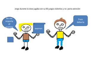 Jorge durante la clase jugaba con su DS juegos violentos y no ponía atención



 No me                                                                             Pues
importa                                                                           debería
   el
examen
                                 examen
 