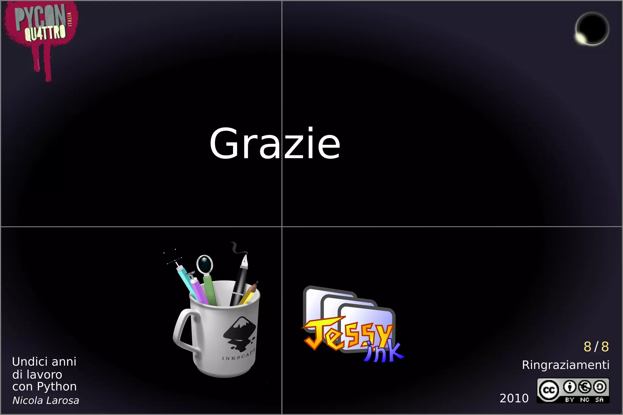 Grazie



                                     8/8
Undici anni                 Ringraziamenti
di lavoro
con Python
Nicola Larosa            2010
 