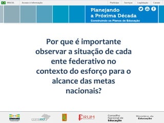 Por que é importante 
observar a situação de cada 
ente federativo no 
contexto do esforço para o 
alcance das metas 
nacionais? 
 