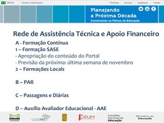 Rede de Assistência Técnica e Apoio Financeiro 
A - Formação Contínua 
1 – Formação SASE 
- Apropriação do conteúdo do Portal 
- Previsão da próxima: última semana de novembro 
2 – Formações Locais 
B – PAR 
C – Passagens e Diárias 
D – Auxílio Avaliador Educacional - AAE 
 