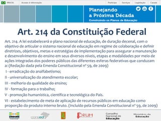 Art. 214 da Constituição Federal 
Art. 214. A lei estabelecerá o plano nacional de educação, de duração decenal, com o 
objetivo de articular o sistema nacional de educação em regime de colaboração e definir 
diretrizes, objetivos, metas e estratégias de implementação para assegurar a manutenção 
e desenvolvimento do ensino em seus diversos níveis, etapas e modalidades por meio de 
ações integradas dos poderes públicos das diferentes esferas federativas que conduzam 
a: (Redação dada pela Emenda Constitucional nº 59, de 2009) 
I - erradicação do analfabetismo; 
II - universalização do atendimento escolar; 
III - melhoria da qualidade do ensino; 
IV - formação para o trabalho; 
V - promoção humanística, científica e tecnológica do País. 
VI - estabelecimento de meta de aplicação de recursos públicos em educação como 
proporção do produto interno bruto. (Incluído pela Emenda Constitucional nº 59, de 2009) 
 