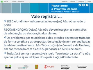 Vale registrar... 
SEED e Undime – indicam os(as) novos(as) AEs, observado o 
perfil 
RECOMENDAÇÃO: Os(as) AEs não devem integrar as comissões 
de adequação ou elaboração dos planos. 
Os problemas dos municípios e dos estados devem ser tratados 
de forma coletiva e as propostas de solução devem ser analisadas 
também coletivamente: AEs-Técnicos(as) do Consed e da Undime, 
em coordenação com os AEs-Supervisores e AEs-Executivos. 
Todos(as) somos responsáveis pelo “conjunto da obra” e não 
apenas pelos 25 municípios dos quais é o(a) AE referente. 
 
