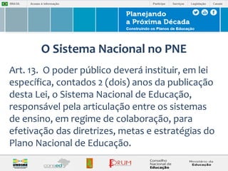 O Sistema Nacional no PNE 
Art. 13. O poder público deverá instituir, em lei 
específica, contados 2 (dois) anos da publicação 
desta Lei, o Sistema Nacional de Educação, 
responsável pela articulação entre os sistemas 
de ensino, em regime de colaboração, para 
efetivação das diretrizes, metas e estratégias do 
Plano Nacional de Educação. 
 