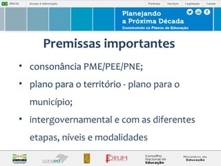 Premissas importantes 
• consonância PME/PEE/PNE; 
• plano para o território - plano para o 
município; 
• intergovernamental e com as diferentes 
etapas, níveis e modalidades 
 