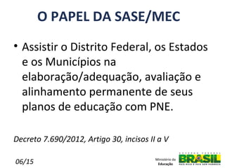 O PAPEL DA SASE/MEC
• Assistir o Distrito Federal, os Estados
  e os Municípios na
  elaboração/adequação, avaliação e
  alinhamento permanente de seus
  planos de educação com PNE.

Decreto 7.690/2012, Artigo 30, incisos II a V

06/15                                    Ministério da
                                          Educação
 