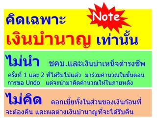 คิดเฉพาะ
เงินบานาญ เท่านั้น
ไม่นา ชคบ.และเงินบาเหน็จดารงชีพ
ครั้งที่ 1 และ 2 ที่ได ้รับไปแล ้ว มาร่วมคานวณในขั้นตอน
การขอ Undo แต่จะนามาคิดคานวณให ้ในภายหลัง
Note
ไม่คิด ดอกเบี้ยทั้งในส่วนของเงินก ้อนที่
จะต ้องคืน และผลต่างเงินบานาญที่จะได ้รับคืน
 