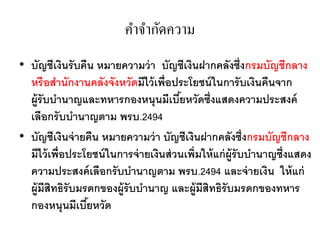 คำจำกัดควำม
• บัญชีเงินรับคืน หมายความว่า บัญชีเงินฝากคลังซึ่งกรมบัญชีกลาง
หรือสานักงานคลังจังหวัดมีไว้เพื่อประโยชน์ในการับเงินคืนจาก
ผู้รับบานาญและทหารกองหนุนมีเบี้ยหวัดซึ่งแสดงความประสงค์
เลือกรับบานาญตาม พรบ.2494
• บัญชีเงินจ่ายคืน หมายความว่า บัญชีเงินฝากคลังซึ่งกรมบัญชีกลาง
มีไว้เพื่อประโยชน์ในการจ่ายเงินส่วนเพิ่มให้แก่ผู้รับบานาญซึ่งแสดง
ความประสงค์เลือกรับบานาญตาม พรบ.2494 และจ่ายเงิน ให้แก่
ผู้มีสิทธิรับมรดกของผู้รับบานาญ และผู้มีสิทธิรับมรดกของทหาร
กองหนุนมีเบี้ยหวัด
 