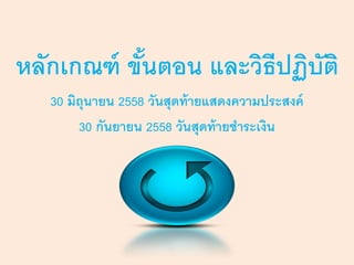 หลักเกณฑ์ ขั้นตอน และวิธีปฏิบัติ
30 มิถุนายน 2558 วันสุดท้ายแสดงความประสงค์
30 กันยายน 2558 วันสุดท้ายชาระเงิน
 