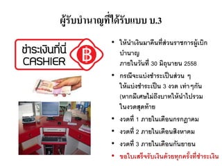 ผู้รับบำนำญที่ได้รับแบบ บ.3
• ให้นาเงินมาคืนที่ส่วนราชการผู้เบิก
บานาญ
ภายในวันที่ 30 มิถุนายน 2558
• กรณีจะแบ่งชาระเป็นส่วน ๆ
ให้แบ่งชาระเป็น 3 งวด เท่าๆกัน
(หากมีเศษไม่ถึงบาทให้นาไปรวม
ในงวดสุดท้าย
• งวดที่ 1 ภายในเดือนกรกฎาคม
• งวดที่ 2 ภายในเดือนสิงหาคม
• งวดที่ 3 ภายในเดือนกันยายน
• ขอใบเสร็จรับเงินด้วยทุกครั้งที่ชาระเงิน
 