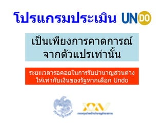 โปรแกรมประเมิน
เป็นเพียงการคาดการณ์
จากตัวแปรเท่านั้น
ระยะเวลารอคอยในการรับบานาญส่วนต่าง
ให ้เท่ากับเงินของรัฐหากเลือก Undo
 