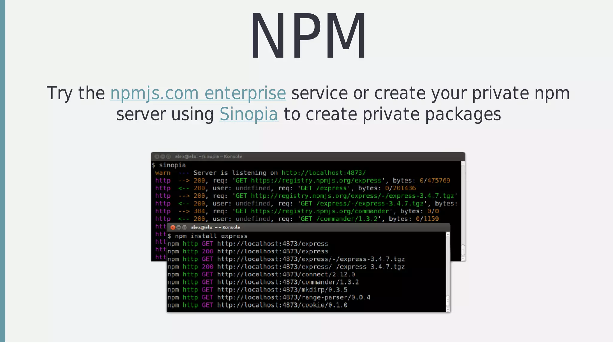 NPM
Try	the	npmjs.com	enterprise	service	or	create	your	private	npm
server	using	Sinopia	to	create	private	packages
 