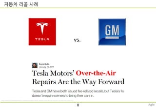자동차 리콜 사례
Over-the-Air
vs.
http://www.technologyreview.com/view/523621/tesla-motors-over-the-air-repairs-are-the-way-forward/
8 Agile
 