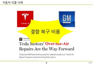 자동차 리콜 사례
Over-the-Air
vs.
결함 복구 비용
http://www.technologyreview.com/view/523621/tesla-motors-over-the-air-repairs-are-the-way-forward/
9 Agile
 