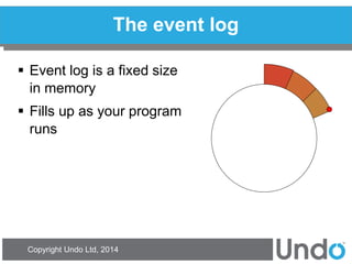 Copyright Undo Ltd, 2014 
The event log 
Event log is a fixed size in memory 
Fills up as your program runs  