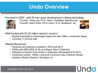 Copyright Undo Ltd, 2014 
Undo Overview 
•Founded in 2005, with 25 man years development in debug technology Founder : Greg Law, Ph.D , Acorn, Solarflare, Nexwave,etc Founder: Julian Smith, Ph.D, Acorn, E-14, Broadcom, etc 
•Well funded with $1.25 million raised in round 3. 
−Backed financially by Cambridge Angels and Jaan Tallinn, co-founder Skype 
−Currently 11 full time staff 
•Market Momentum 
−Revenue and headcount doubled in 2012 and 2013. 
−OEMs with ARM (DS5 v5.16) and Rogue Wave (Totalview) 
−Selected as Gartner Cool Vendor in Application Development for 2014. 
−Customers include : NASA, Lawrence Livermore Labs, Cadence Design Systems, Mentor Graphics, Synopsys Inc.  