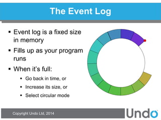 Copyright Undo Ltd, 2014 
The Event Log 
Event log is a fixed size in memory 
Fills up as your program runs 
When it’s full: 
Go back in time, or 
Increase its size, or 
Select circular mode  