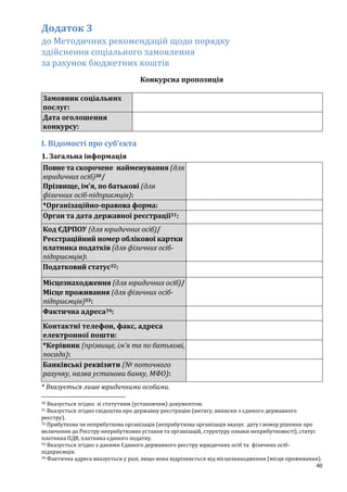 40
Додаток 3
до Методичних рекомендацій щодо порядку
здійснення соціального замовлення
за рахунок бюджетних коштів
Конкурсна пропозиція
Замовник соціальних
послуг:
Дата оголошення
конкурсу:
І. Відомості про суб’єкта
1. Загальна інформація
Повне та скорочене найменування (для
юридичних осіб)30/
Прізвище, ім’я, по батькові (для
фізичних осіб-підприємців):
*Організаційно-правова форма:
Орган та дата державної реєстрації31:
Код ЄДРПОУ (для юридичних осіб)/
Реєстраційний номер облікової картки
платника податків (для фізичних осіб-
підприємців):
Податковий статус32:
Місцезнаходження (для юридичних осіб)/
Місце проживання (для фізичних осіб-
підприємців)33:
Фактична адреса34:
Контактні телефон, факс, адреса
електронної пошти:
*Керівник (прізвище, ім’я та по батькові,
посада):
Банківські реквізити (№ поточного
рахунку, назва установи банку, МФО):
* Вказується лише юридичними особами.
30 Bказується згідно зі статутним (установчим) документом.
31 Вказується згідно свідоцтва про державну реєстрацію (витягу, виписки з єдиного державного
реєстру).
32 Прибуткова чи неприбуткова організація (неприбутковa організація вказує дату і номер рішення про
включення до Реєстру неприбуткових установ та організацій, структуру ознаки неприбутковості), статус
платника ПДВ, платника єдиного податку.
33 Вказується згідно з даними Єдиного державного реєстру юридичних осіб та фізичних осіб-
підприємців.
34 Фактична адреса вказується у разі, якщо вона відрізняється від місцезнаходження (місця проживання).
 