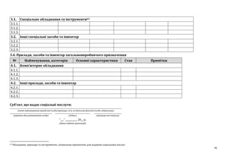 45
3.1. Спеціальне обладнання та інструменти63
3.1.1.
3.1.2.
3.1.3.
3.2. Інші спеціальні засоби та інвентар
3.2.1.
3.2.2.
3.2.3.
3.4. Прилади, засоби та інвентар загальновиробничого призначення
№ Найменування, категорія Основні характеристики Стан Примітки
4.1. Комп’ютерне обладнання
4.1.1.
4.1.2.
4.1.3.
4.2. Інші прилади, засоби та інвентар
4.2.1.
4.2.2.
4.2.3.
Суб’єкт, що надає соціальні послуги:
(повне найменування юридичної особи/прізвище, ім’я, по батькові фізичної особи-підприємця)
(керівник або уповноважена особа) (підпис) (прізвище та ініціали)
“___” ___________ 20__ р.
(дата подання пропозиції)
63 Обладання, прилади та інструменти, спеціально призначені для надання соціальних послуг.
 