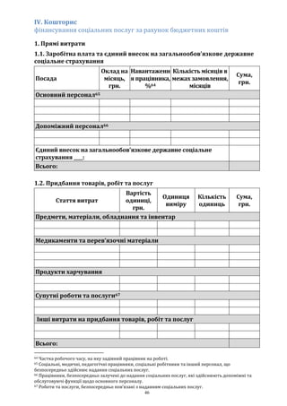46
IV. Кошторис
фінансування соціальних послуг за рахунок бюджетних коштів
1. Прямі витрати
1.1. Заробітна плата та єдиний внесок на загальнообов’язкове державне
соціальне страхування
Посада
Оклад на
місяць,
грн.
Навантаженн
я працівника,
%64
Кількість місяців в
межах замовлення,
місяців
Сума,
грн.
Основний персонал65
Допоміжний персонал66
Єдиний внесок на загальнообов'язкове державне соціальне
страхування ____:
Всього:
1.2. Придбання товарів, робіт та послуг
Стаття витрат
Вартість
одиниці,
грн.
Одиниця
виміру
Кількість
одиниць
Сума,
грн.
Предмети, матеріали, обладнання та інвентар
Медикаменти та перев’язочні матеріали
Продукти харчування
Супутні роботи та послуги67
Інші витрати на придбання товарів, робіт та послуг
Всього:
64 Частка робочого часу, на яку задіяний працівник на роботі.
65 Соціальні, медичні, педагогічні працівники, соціальні робітники та інший персонал, що
безпосередньо здійснює надання соціальних послуг.
66 Працівники, безпосередньо залучені до надання соціальних послуг, які здійснюють допоміжні та
обслуговуючі функції щодо основного персоналу.
67 Роботи та послуги, безпосередньо пов’язані з наданням соціальних послуг.
 