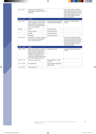 57e-Skilling South Africa for Equitable Prosperity and Global Competitiveness:
Workshop Report
11:45 – 12:45 Roundtable 2: Identifying key
stakeholders to achieve goals and
objectives
Larry Pokpas (UWC); Prof. Nepal
(DUT); Carina de Villers (UP); Cecile
Marsh (WSU); James Theron (VUT);
Job Ogonda (UNDP); Colin Thakur
(DUT); Adrian Godfrey (CISCO);
Peter Drury (CISCO).
12:45 – 14:00 LUNCH
14:00 – 14:45 Panel Discussion 3: Taking technol-
ogy to the people in the service of
the people (focus on Democratic
Governance, Knowledge Manage-
ment and Innovation)
Kick Off Presentations: UNDP,
TELKOM, GERMAN EMBASSY
Chairperson: Adrian Godfrey
(CISCO)
Panelist UNDP Mr. Brian Kagoro
German Embassy Mr. Stephan Ohme
TELKOM Ms. Nonku Dlamini
SAMSUNG Mr. Ntutule Tshenye
14:45 – 15:45 Roundtable 3: Creating a collabora-
tion Framework: Key objectives,
Hubs, areas, and partners
Larry Pokpas (UWC); Prof. Nepal
(DUT); Carina de Villers (UP); Cecile
Marsh (WSU); James Theron (VUT);
Job Ogonda (UNDP); Colin Thakur
(DUT); Adrian Godfrey (CISCO);
Peter Drury (CISCO).
15:45 – 16:00 BREAK
16:00 – 17:00 Plenary: Report Back from Working
Groups. Wrap-up & preparation
of presentations. Integrating the
different panel discussions: com-
monalities, contradictions and
implications. Identify opportunities
and possible collaborative ways
Reporters wrap up Chairperson: Mr. Raul Zambrano
- UNDP
17:00 – 17:15 Summary & way forward Dr. Harold Wesso, e-Skills
Institute
17:15 – 17:30 Closing Remarks Honorable Roy Padayachie –
Minister DOC
17:30 – 18:30 Social interaction
booklet final pages numbered.indd 60 11/3/2011 11:04:17 AM
 