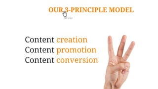 Content creation
Content promotion
Content conversion
OUR 3-PRINCIPLE MODEL
(Click to view)