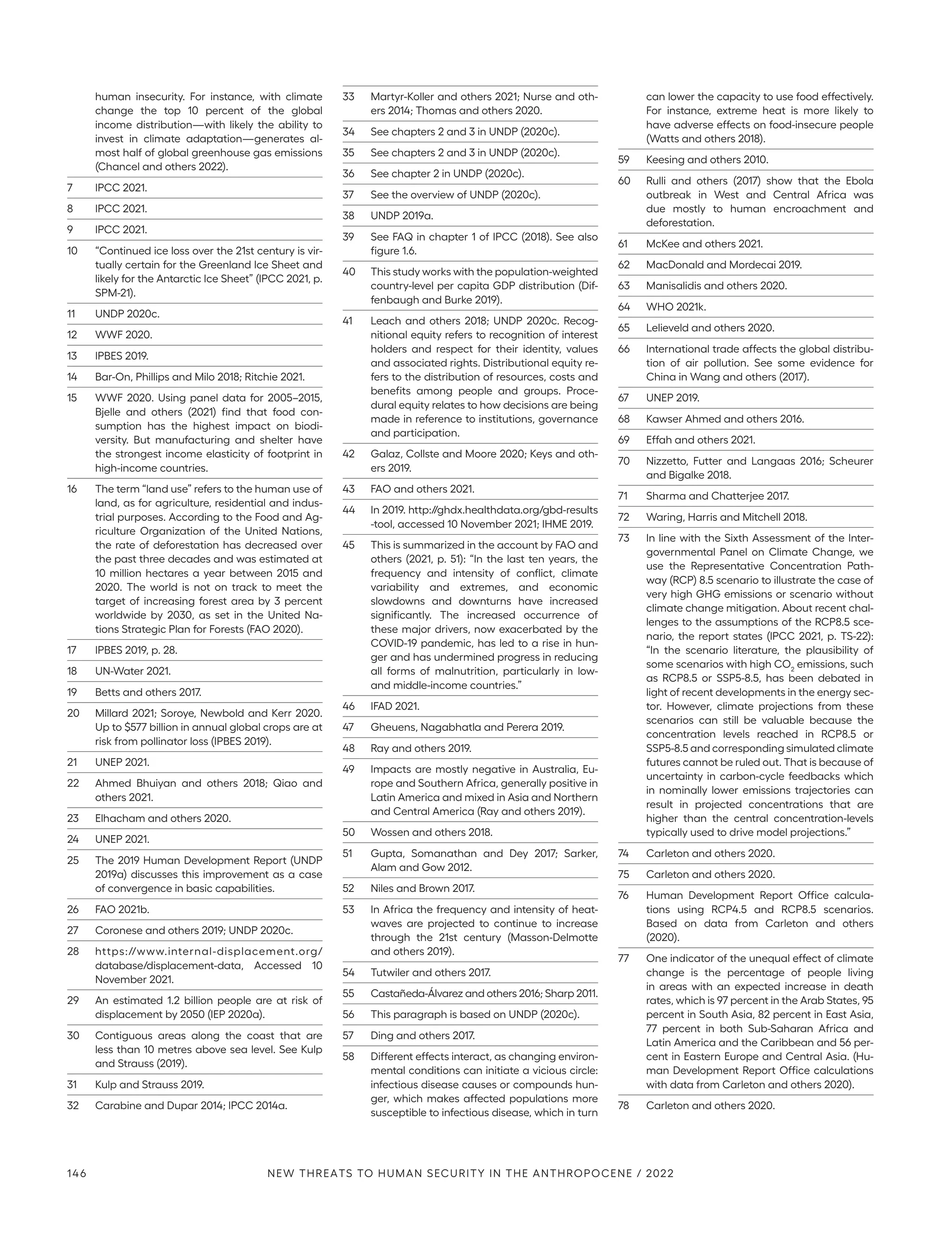 human insecurity. For instance, with climate
change the top 10 percent of the global
income distribution—with likely the ability to
invest in climate adaptation—generates al-
most half of global greenhouse gas emissions
(Chancel and others 2022).
7	 IPCC 2021.
8	 IPCC 2021.
9	 IPCC 2021.
10	 “Continued ice loss over the 21st century is vir-
tually certain for the Greenland Ice Sheet and
likely for the Antarctic Ice Sheet” (IPCC 2021, p.
SPM-21).
11	 UNDP 2020c.
12	 WWF 2020.
13	 IPBES 2019.
14	 Bar-On, Phillips and Milo 2018; Ritchie 2021.
15	 WWF 2020. Using panel data for 2005–2015,
Bjelle and others (2021) find that food con-
sumption has the highest impact on biodi-
versity. But manufacturing and shelter have
the strongest income elasticity of footprint in
high-income countries.
16	 The term “land use” refers to the human use of
land, as for agriculture, residential and indus-
trial purposes. According to the Food and Ag-
riculture Organization of the United Nations,
the rate of deforestation has decreased over
the past three decades and was estimated at
10 million hectares a year between 2015 and
2020. The world is not on track to meet the
target of increasing forest area by 3 percent
worldwide by 2030, as set in the United Na-
tions Strategic Plan for Forests (FAO 2020).
17	 IPBES 2019, p. 28.
18	 UN-Water 2021.
19	 Betts and others 2017.
20	 Millard 2021; Soroye, Newbold and Kerr 2020.
Up to $577 billion in annual global crops are at
risk from pollinator loss (IPBES 2019).
21	 UNEP 2021.
22	 Ahmed Bhuiyan and others 2018; Qiao and
others 2021.
23	 Elhacham and others 2020.
24	 UNEP 2021.
25	 The 2019 Human Development Report (UNDP
2019a) discusses this improvement as a case
of convergence in basic capabilities.
26	 FAO 2021b.
27	 Coronese and others 2019; UNDP 2020c.
28	 https://www.internal-displacement.org/
database/displacement-data, Accessed 10
November 2021.
29	 An estimated 1.2 billion people are at risk of
displacement by 2050 (IEP 2020a).
30	 Contiguous areas along the coast that are
less than 10 metres above sea level. See Kulp
and Strauss (2019).
31	 Kulp and Strauss 2019.
32	 Carabine and Dupar 2014; IPCC 2014a.
33	 Martyr-Koller and others 2021; Nurse and oth-
ers 2014; Thomas and others 2020.
34	 See chapters 2 and 3 in UNDP (2020c).
35	 See chapters 2 and 3 in UNDP (2020c).
36	 See chapter 2 in UNDP (2020c).
37	 See the overview of UNDP (2020c).
38	 UNDP 2019a.
39	 See FAQ in chapter 1 of IPCC (2018). See also
figure 1.6.
40	 This study works with the population-weighted
country-level per capita GDP distribution (Dif-
fenbaugh and Burke 2019).
41	 Leach and others 2018; UNDP 2020c. Recog-
nitional equity refers to recognition of interest
holders and respect for their identity, values
and associated rights. Distributional equity re-
fers to the distribution of resources, costs and
benefits among people and groups. Proce-
dural equity relates to how decisions are being
made in reference to institutions, governance
and participation.
42	 Galaz, Collste and Moore 2020; Keys and oth-
ers 2019.
43	 FAO and others 2021.
44	 In 2019. http://ghdx.healthdata.org/gbd-results
-tool, accessed 10 November 2021; IHME 2019.
45	 This is summarized in the account by FAO and
others (2021, p. 51): “In the last ten years, the
frequency and intensity of conflict, climate
variability and extremes, and economic
slowdowns and downturns have increased
significantly. The increased occurrence of
these major drivers, now exacerbated by the
COVID-19 pandemic, has led to a rise in hun-
ger and has undermined progress in reducing
all forms of malnutrition, particularly in low-
and middle-income countries.”
46	 IFAD 2021.
47	 Gheuens, Nagabhatla and Perera 2019.
48	 Ray and others 2019.
49	 Impacts are mostly negative in Australia, Eu-
rope and Southern Africa, generally positive in
Latin America and mixed in Asia and Northern
and Central America (Ray and others 2019).
50	 Wossen and others 2018.
51	 Gupta, Somanathan and Dey 2017; Sarker,
Alam and Gow 2012.
52	 Niles and Brown 2017.
53	 In Africa the frequency and intensity of heat-
waves are projected to continue to increase
through the 21st century (Masson-Delmotte
and others 2019).
54	 Tutwiler and others 2017.
55	 Castañeda-Álvarez and others 2016; Sharp 2011.
56	 This paragraph is based on UNDP (2020c).
57	 Ding and others 2017.
58	 Different effects interact, as changing environ-
mental conditions can initiate a vicious circle:
infectious disease causes or compounds hun-
ger, which makes affected populations more
susceptible to infectious disease, which in turn
can lower the capacity to use food effectively.
For instance, extreme heat is more likely to
have adverse effects on food-insecure people
(Watts and others 2018).
59	 Keesing and others 2010.
60	 Rulli and others (2017) show that the Ebola
outbreak in West and Central Africa was
due mostly to human encroachment and
deforestation.
61	 McKee and others 2021.
62	 MacDonald and Mordecai 2019.
63	 Manisalidis and others 2020.
64	 WHO 2021k.
65	 Lelieveld and others 2020.
66	 International trade affects the global distribu-
tion of air pollution. See some evidence for
China in Wang and others (2017).
67	 UNEP 2019.
68	 Kawser Ahmed and others 2016.
69	 Effah and others 2021.
70	 Nizzetto, Futter and Langaas 2016; Scheurer
and Bigalke 2018.
71	 Sharma and Chatterjee 2017.
72	 Waring, Harris and Mitchell 2018.
73	 In line with the Sixth Assessment of the Inter-
governmental Panel on Climate Change, we
use the Representative Concentration Path-
way (RCP) 8.5 scenario to illustrate the case of
very high GHG emissions or scenario without
climate change mitigation. About recent chal-
lenges to the assumptions of the RCP8.5 sce-
nario, the report states (IPCC 2021, p. TS‑22):
“In the scenario literature, the plausibility of
some scenarios with high CO2
emissions, such
as RCP8.5 or SSP5-8.5, has been debated in
light of recent developments in the energy sec-
tor. However, climate projections from these
scenarios can still be valuable because the
concentration levels reached in RCP8.5 or
SSP5-8.5 and corresponding simulated climate
futures cannot be ruled out. That is because of
uncertainty in carbon-cycle feedbacks which
in nominally lower emissions trajectories can
result in projected concentrations that are
higher than the central concentration-levels
typically used to drive model projections.”
74	 Carleton and others 2020.
75	 Carleton and others 2020.
76	 Human Development Report Office calcula-
tions using RCP4.5 and RCP8.5 scenarios.
Based on data from Carleton and others
(2020).
77	 One indicator of the unequal effect of climate
change is the percentage of people living
in areas with an expected increase in death
rates, which is 97 percent in the Arab States, 95
percent in South Asia, 82 percent in East Asia,
77 percent in both Sub-Saharan Africa and
Latin America and the Caribbean and 56 per-
cent in Eastern Europe and Central Asia. (Hu-
man Development Report Office calculations
with data from Carleton and others 2020).
78	 Carleton and others 2020.
146 NEW THREATS TO HUMAN SECURITY IN THE ANTHROPOCENE / 2022
 