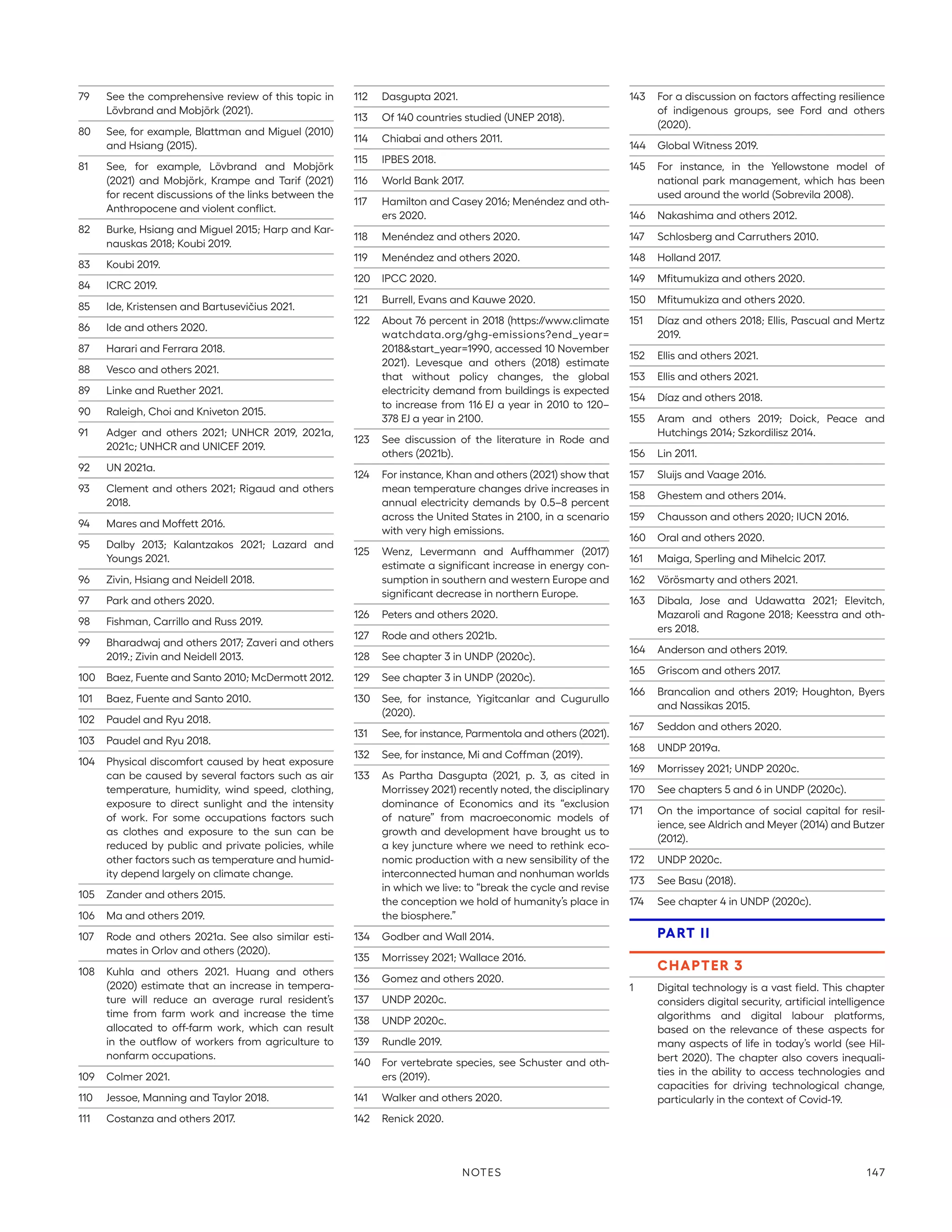 79	 See the comprehensive review of this topic in
Lövbrand and Mobjörk (2021).
80	 See, for example, Blattman and Miguel (2010)
and Hsiang (2015).
81	 See, for example, Lövbrand and Mobjörk
(2021) and Mobjörk, Krampe and Tarif (2021)
for recent discussions of the links between the
Anthropocene and violent conflict.
82	 Burke, Hsiang and Miguel 2015; Harp and Kar-
nauskas 2018; Koubi 2019.
83	 Koubi 2019.
84	 ICRC 2019.
85	 Ide, Kristensen and Bartusevičius 2021.
86	 Ide and others 2020.
87	 Harari and Ferrara 2018.
88	 Vesco and others 2021.
89	 Linke and Ruether 2021.
90	 Raleigh, Choi and Kniveton 2015.
91	 Adger and others 2021; UNHCR 2019, 2021a,
2021c; UNHCR and UNICEF 2019.
92	 UN 2021a.
93	 Clement and others 2021; Rigaud and others
2018.
94	 Mares and Moffett 2016.
95	 Dalby 2013; Kalantzakos 2021; Lazard and
Youngs 2021.
96	 Zivin, Hsiang and Neidell 2018.
97	 Park and others 2020.
98	 Fishman, Carrillo and Russ 2019.
99	 Bharadwaj and others 2017; Zaveri and others
2019.; Zivin and Neidell 2013.
100	 Baez, Fuente and Santo 2010; McDermott 2012.
101	 Baez, Fuente and Santo 2010.
102	 Paudel and Ryu 2018.
103	 Paudel and Ryu 2018.
104	 Physical discomfort caused by heat exposure
can be caused by several factors such as air
temperature, humidity, wind speed, clothing,
exposure to direct sunlight and the intensity
of work. For some occupations factors such
as clothes and exposure to the sun can be
reduced by public and private policies, while
other factors such as temperature and humid-
ity depend largely on climate change.
105	 Zander and others 2015.
106	 Ma and others 2019.
107	 Rode and others 2021a. See also similar esti-
mates in Orlov and others (2020).
108	 Kuhla and others 2021. Huang and others
(2020) estimate that an increase in tempera-
ture will reduce an average rural resident’s
time from farm work and increase the time
allocated to off-farm work, which can result
in the outflow of workers from agriculture to
nonfarm occupations.
109	 Colmer 2021.
110	 Jessoe, Manning and Taylor 2018.
111	 Costanza and others 2017.
112	 Dasgupta 2021.
113	 Of 140 countries studied (UNEP 2018).
114	 Chiabai and others 2011.
115	 IPBES 2018.
116	 World Bank 2017.
117	 Hamilton and Casey 2016; Menéndez and oth-
ers 2020.
118	 Menéndez and others 2020.
119	 Menéndez and others 2020.
120	 IPCC 2020.
121	 Burrell, Evans and Kauwe 2020.
122	 About 76 percent in 2018 (https://www.climate
watchdata.org/ghg-emissions?end_year=
2018start_year=1990, accessed 10 November
2021). Levesque and others (2018) estimate
that without policy changes, the global
electricity demand from buildings is expected
to increase from 116 EJ a year in 2010 to 120–
378 EJ a year in 2100.
123	 See discussion of the literature in Rode and
others (2021b).
124	 For instance, Khan and others (2021) show that
mean temperature changes drive increases in
annual electricity demands by 0.5–8 percent
across the United States in 2100, in a scenario
with very high emissions.
125	 Wenz, Levermann and Auffhammer (2017)
estimate a significant increase in energy con-
sumption in southern and western Europe and
significant decrease in northern Europe.
126	 Peters and others 2020.
127	 Rode and others 2021b.
128	 See chapter 3 in UNDP (2020c).
129	 See chapter 3 in UNDP (2020c).
130	 See, for instance, Yigitcanlar and Cugurullo
(2020).
131	 See, for instance, Parmentola and others (2021).
132	 See, for instance, Mi and Coffman (2019).
133	 As Partha Dasgupta (2021, p. 3, as cited in
Morrissey 2021) recently noted, the disciplinary
dominance of Economics and its “exclusion
of nature” from macroeconomic models of
growth and development have brought us to
a key juncture where we need to rethink eco-
nomic production with a new sensibility of the
interconnected human and nonhuman worlds
in which we live: to “break the cycle and revise
the conception we hold of humanity’s place in
the biosphere.”
134	 Godber and Wall 2014.
135	 Morrissey 2021; Wallace 2016.
136	 Gomez and others 2020.
137	 UNDP 2020c.
138	 UNDP 2020c.
139	 Rundle 2019.
140	 For vertebrate species, see Schuster and oth-
ers (2019).
141	 Walker and others 2020.
142	 Renick 2020.
143	 For a discussion on factors affecting resilience
of indigenous groups, see Ford and others
(2020).
144	 Global Witness 2019.
145	 For instance, in the Yellowstone model of
national park management, which has been
used around the world (Sobrevila 2008).
146	 Nakashima and others 2012.
147	 Schlosberg and Carruthers 2010.
148	 Holland 2017.
149	 Mfitumukiza and others 2020.
150	 Mfitumukiza and others 2020.
151	 Díaz and others 2018; Ellis, Pascual and Mertz
2019.
152	 Ellis and others 2021.
153	 Ellis and others 2021.
154	 Díaz and others 2018.
155	 Aram and others 2019; Doick, Peace and
Hutchings 2014; Szkordilisz 2014.
156	 Lin 2011.
157	 Sluijs and Vaage 2016.
158	 Ghestem and others 2014.
159	 Chausson and others 2020; IUCN 2016.
160	 Oral and others 2020.
161	 Maiga, Sperling and Mihelcic 2017.
162	 Vörösmarty and others 2021.
163	 Dibala, Jose and Udawatta 2021; Elevitch,
Mazaroli and Ragone 2018; Keesstra and oth-
ers 2018.
164	 Anderson and others 2019.
165	 Griscom and others 2017.
166	 Brancalion and others 2019; Houghton, Byers
and Nassikas 2015.
167	 Seddon and others 2020.
168	 UNDP 2019a.
169	 Morrissey 2021; UNDP 2020c.
170	 See chapters 5 and 6 in UNDP (2020c).
171	 On the importance of social capital for resil-
ience, see Aldrich and Meyer (2014) and Butzer
(2012).
172	 UNDP 2020c.
173	 See Basu (2018).
174	 See chapter 4 in UNDP (2020c).
PART II
CHAPTER 3
1	 Digital technology is a vast field. This chapter
considers digital security, artificial intelligence
algorithms and digital labour platforms,
based on the relevance of these aspects for
many aspects of life in today’s world (see Hil-
bert 2020). The chapter also covers inequali-
ties in the ability to access technologies and
capacities for driving technological change,
particularly in the context of Covid-19.
Notes 147
 